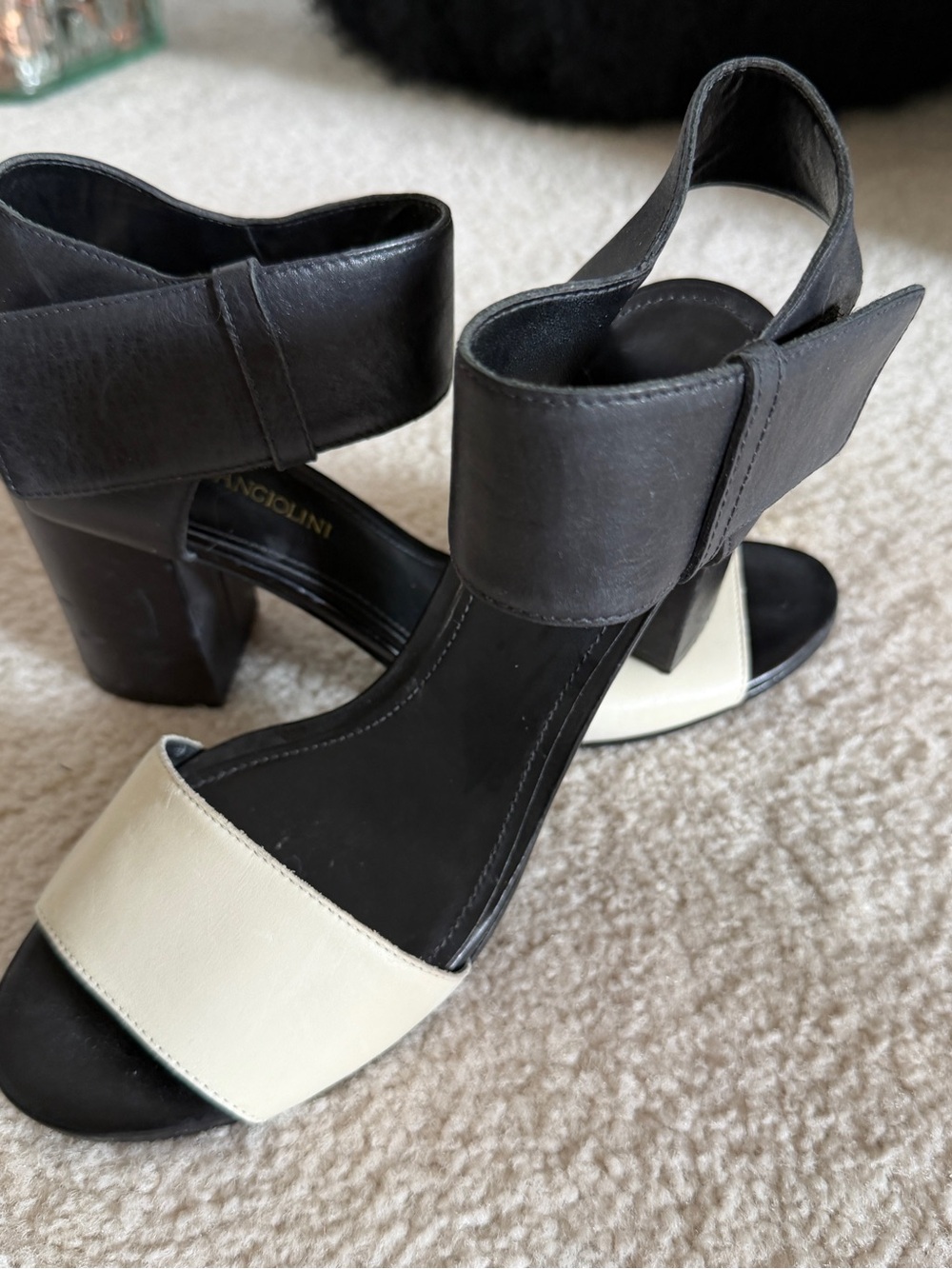 Enzo Angiolini Black and Cream Block Heel Sandals